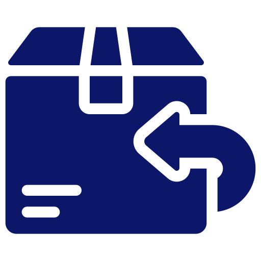 Icône bleu marine d’un carton de retour, symbole de politique de retour facile et de satisfaction client.