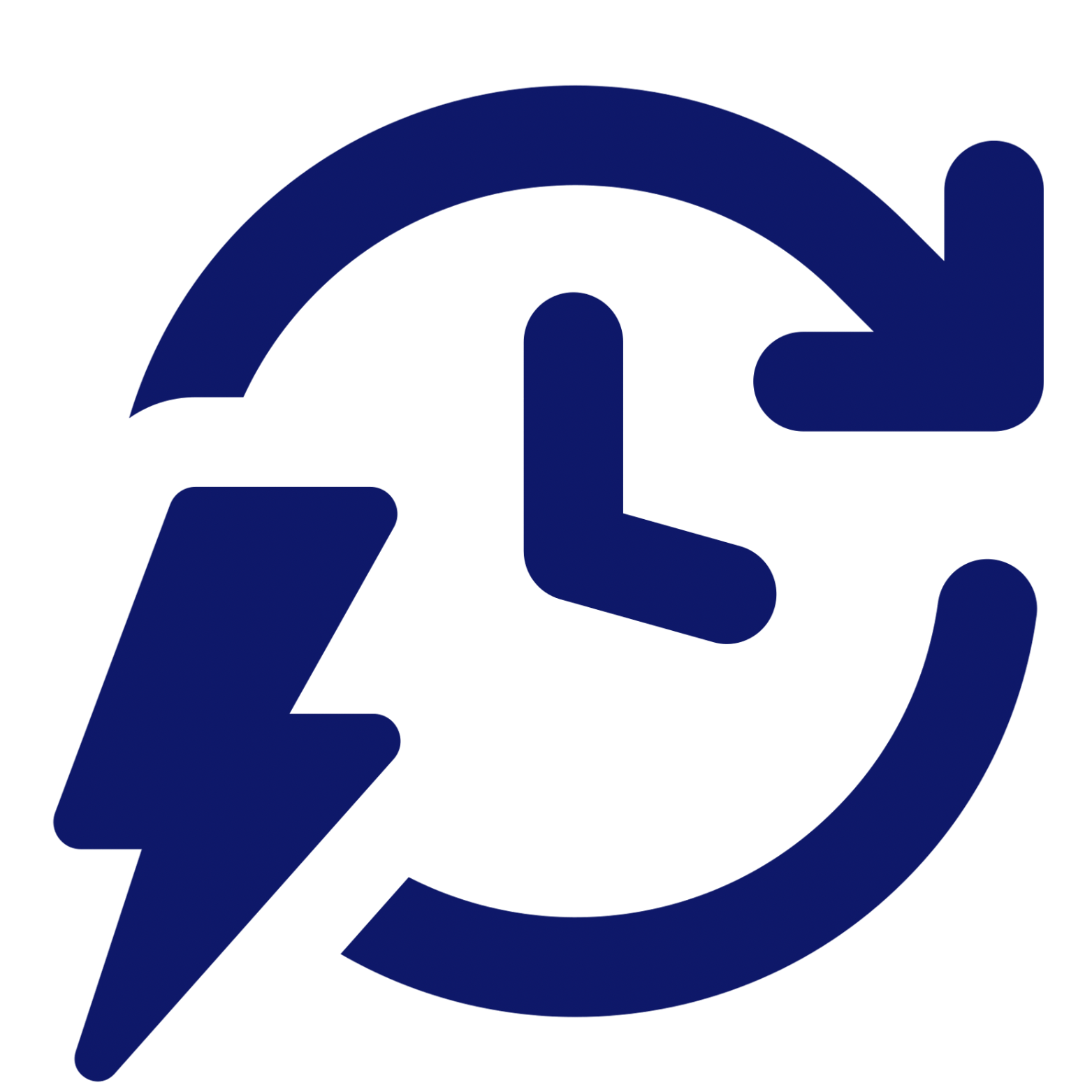 Icône d’horloge avec un flash bleu marine, symbole de rapidité et d’efficacité.