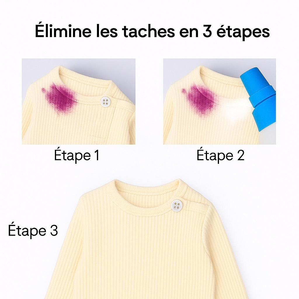 Body de bébé beige avec une tache violette avant et après nettoyage. Image montrant le body taché, l’application d’un spray détachant, puis le body propre sans tache. Démonstration d’un produit détachant pour vêtements de bébé.