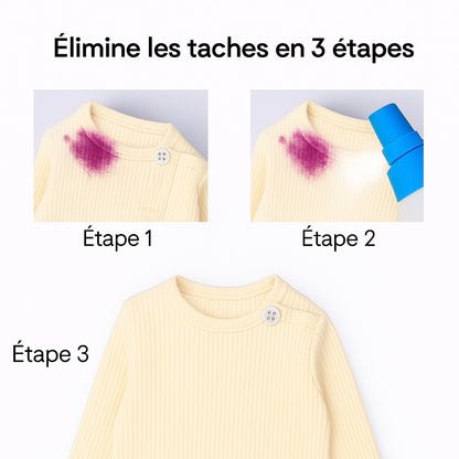 Body de bébé beige avec une tache violette avant et après nettoyage. Image montrant le body taché, l’application d’un spray détachant, puis le body propre sans tache. Démonstration d’un produit détachant pour vêtements de bébé.
