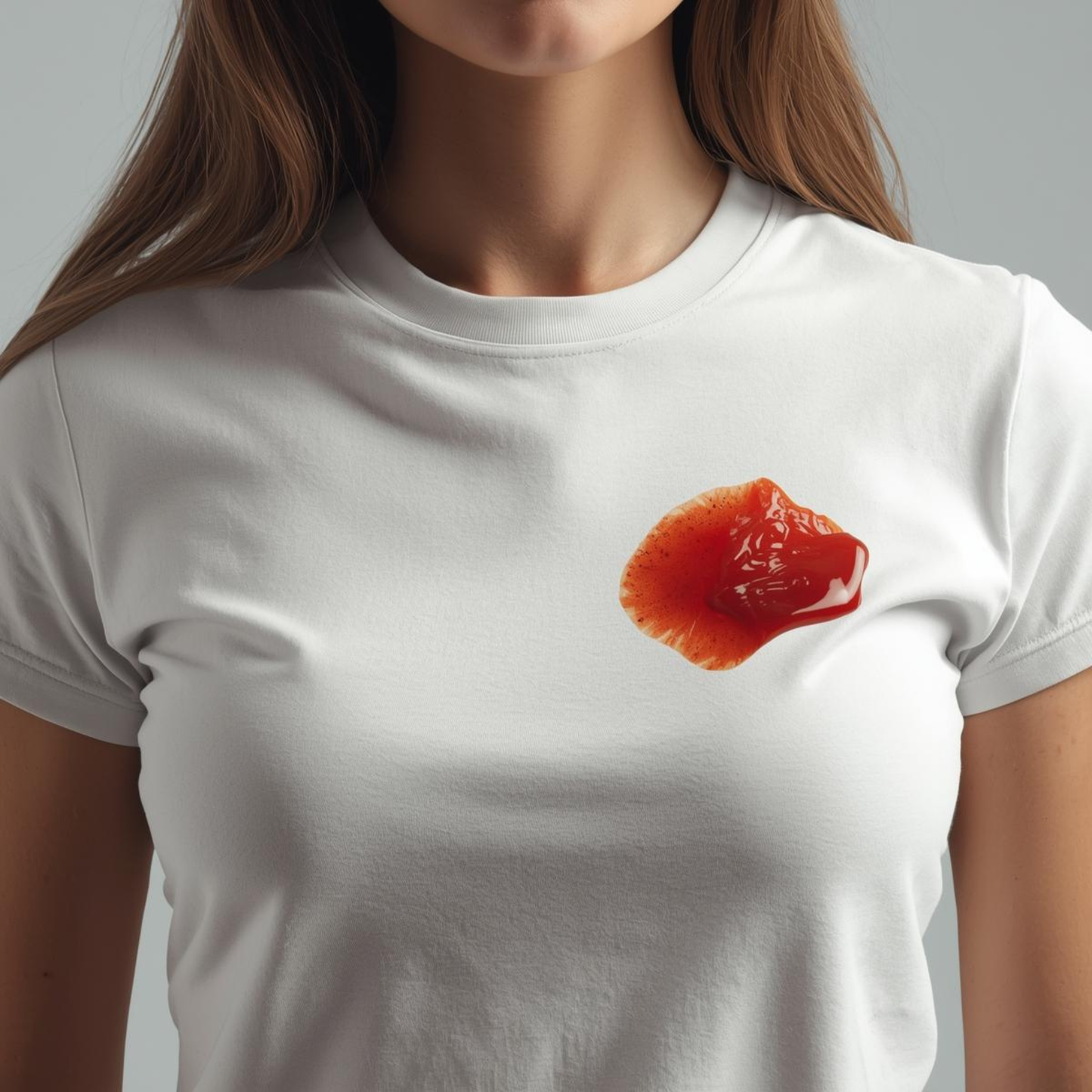 Photo d’une femme portant un t-shirt blanc taché de ketchup, illustrant une tache alimentaire courante sur un vêtement clair.