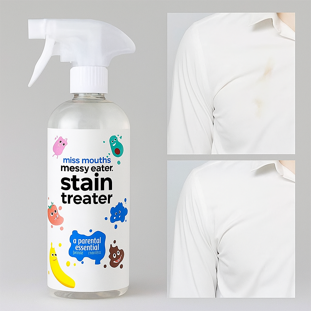 Spray détachant grand format miss mouth’s pour linge, efficace sur les taches de chemise. Résultat avant/après montrant une chemise tachée puis parfaitement propre après application du spray nettoyant textile. 