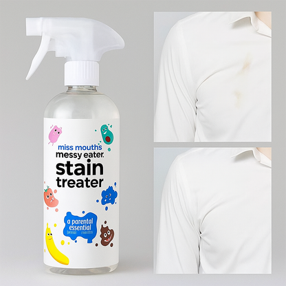Spray détachant grand format miss mouth’s pour linge, efficace sur les taches de chemise. Résultat avant/après montrant une chemise tachée puis parfaitement propre après application du spray nettoyant textile. 